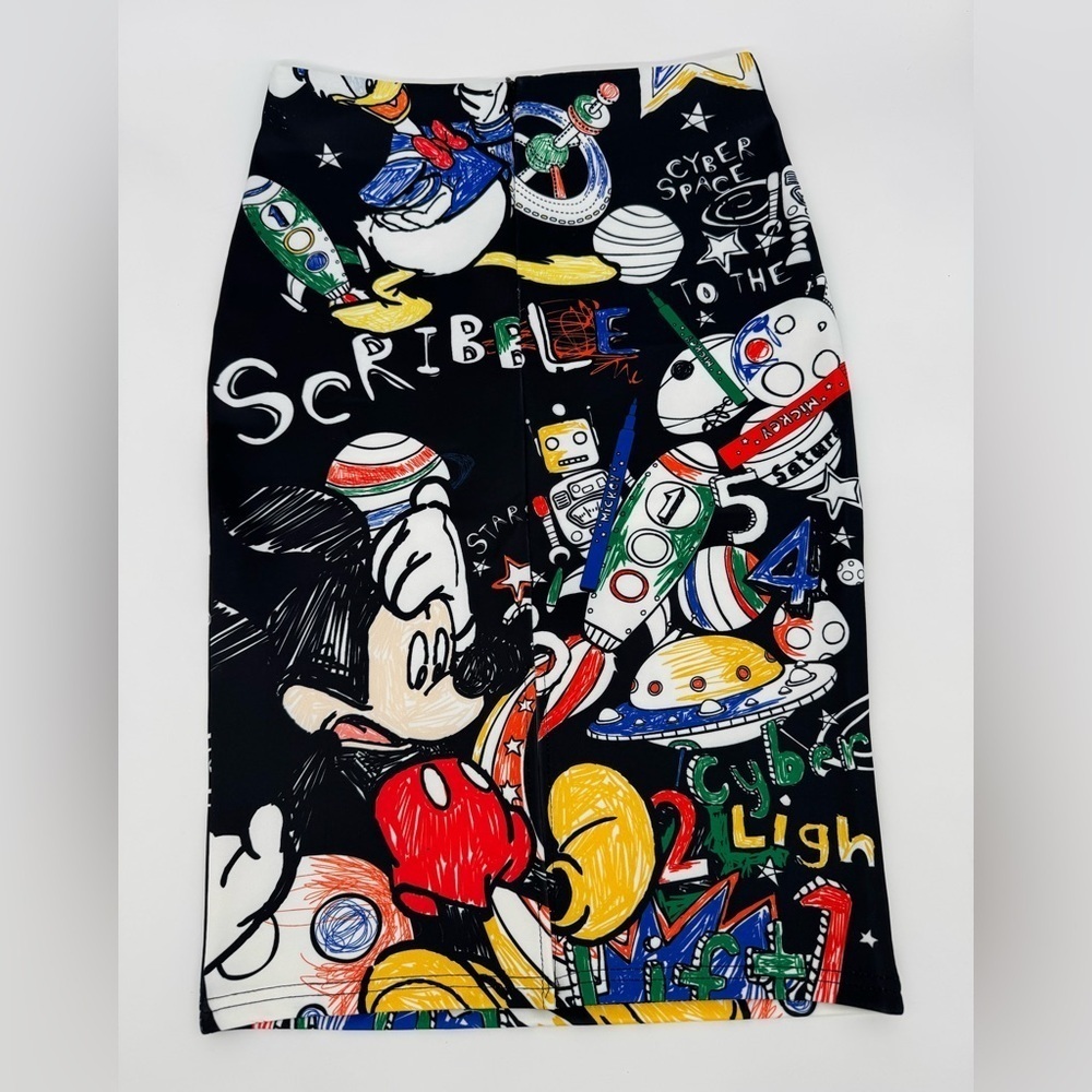 Disney Mickey Scribble Space Print Midi Pencil Skirt | Graphic Cartoon Pop Art - Picture 4 of 6